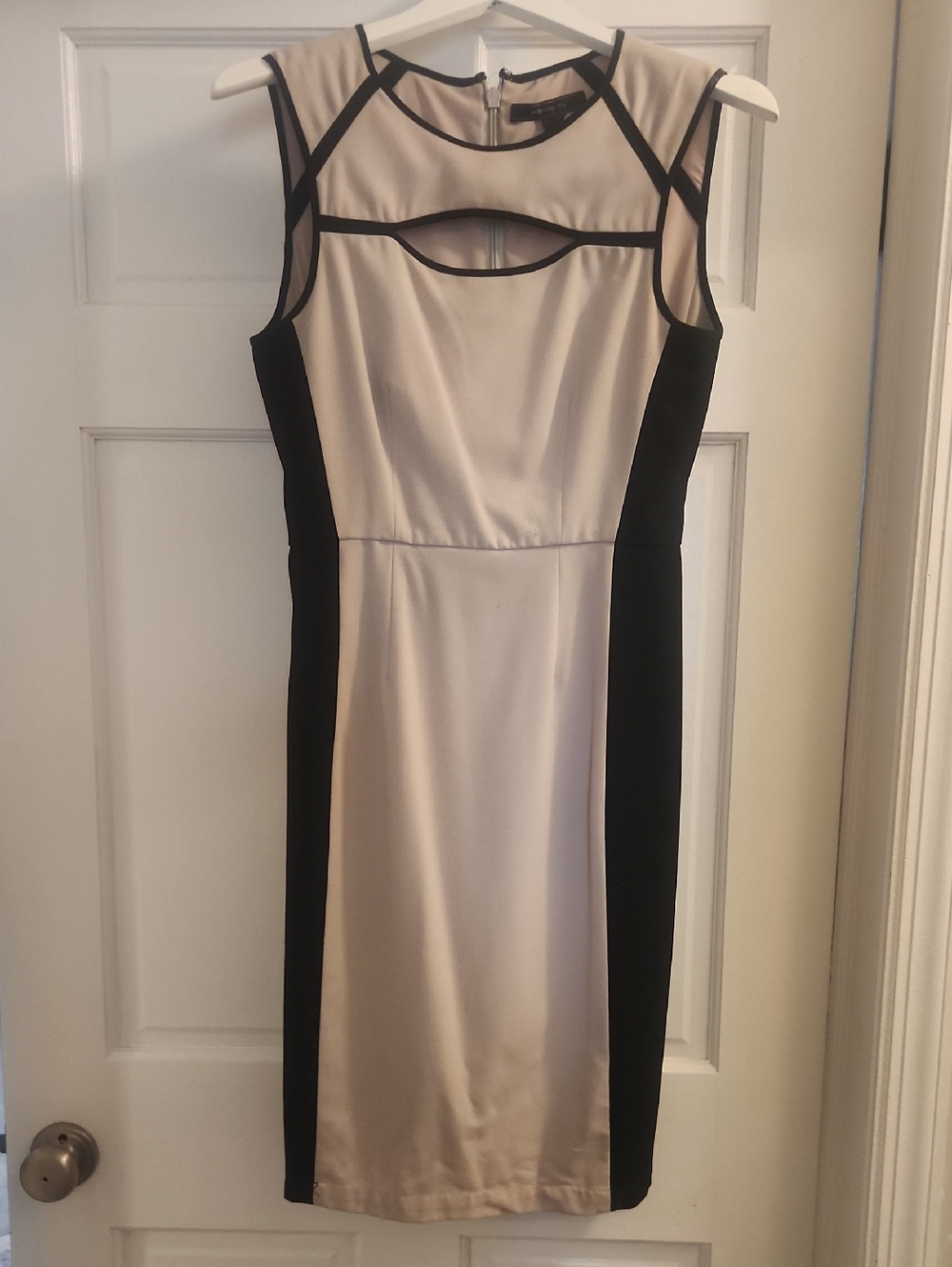 BCBGMaxAzria Beige and Black Paneled Midi Sheath Dress